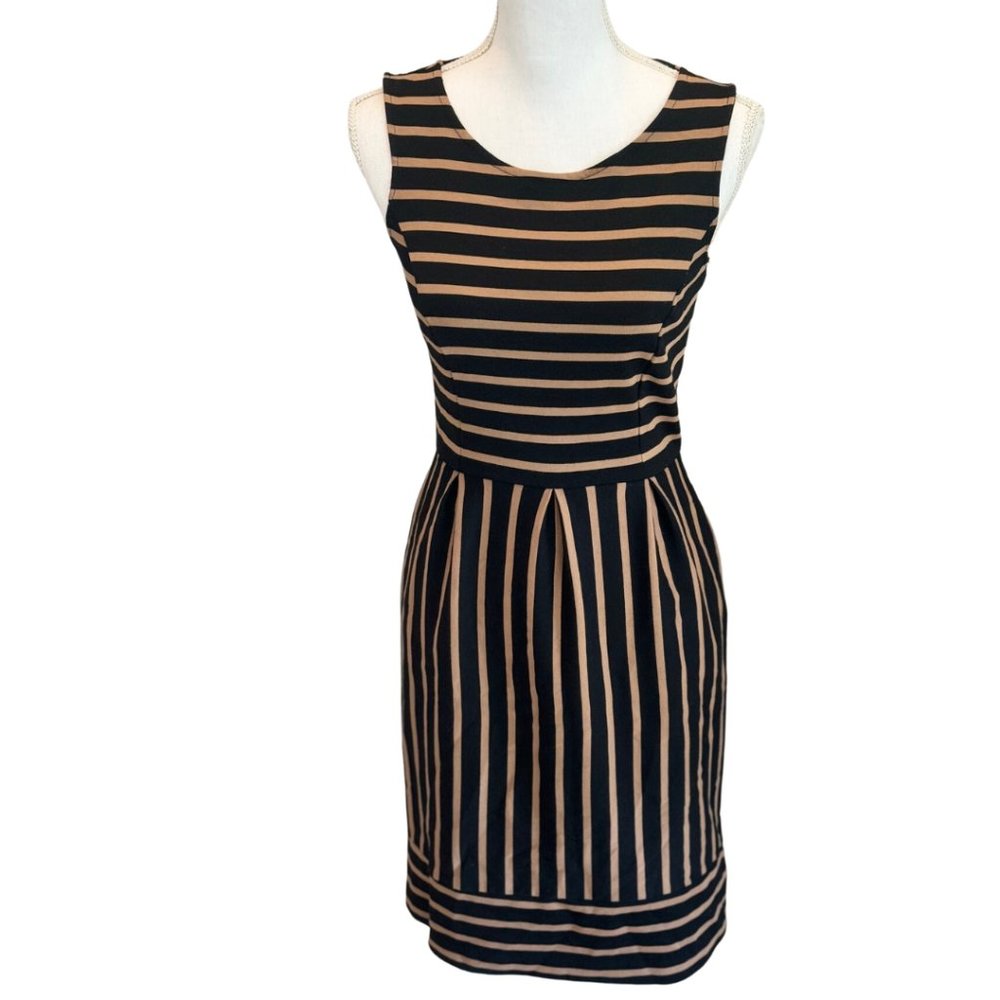Merona Womens Dress Size XS Sheath Black Brown Stripe Sleeveless Zip Knee Length